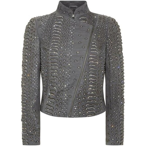 Alice + Olivia Jace Gray Leather Studded Jacket Size Small Retail $1595